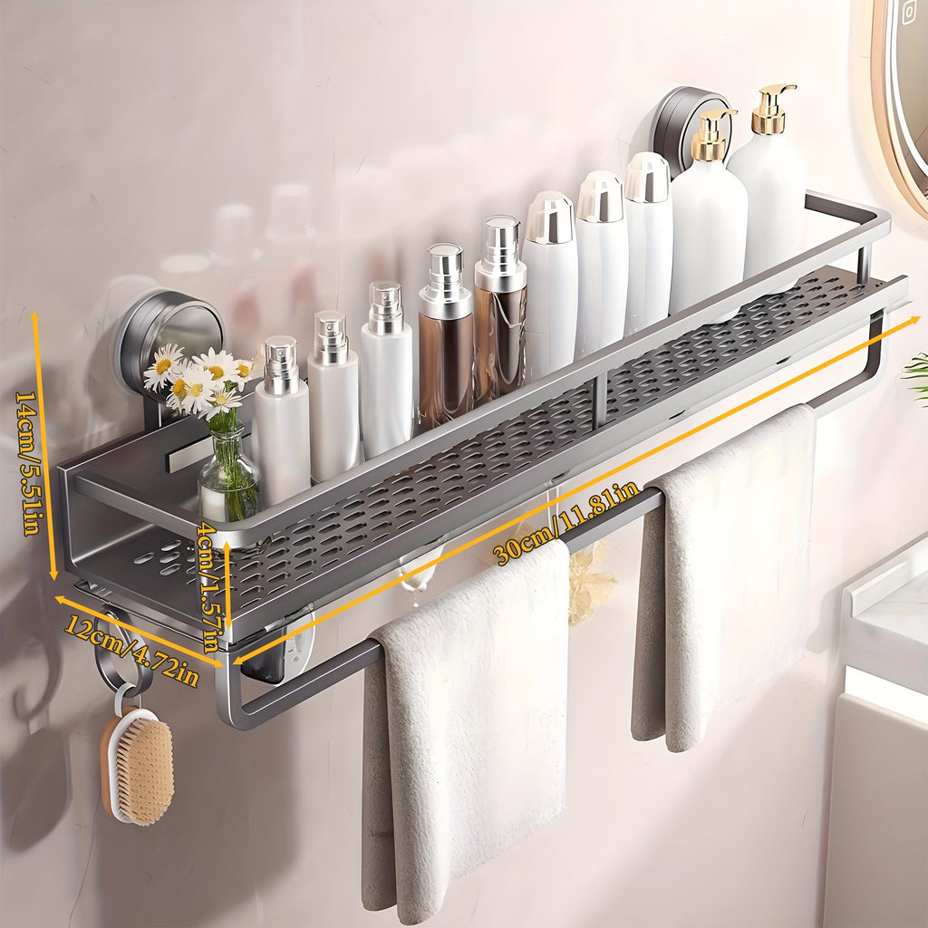 Suction Cup Shower Caddy Space Aluminum – Wall-Mounted Bathroom Shelf Organizer with Towel Holder, Rustproof Floating Shelf for Shampoo & Soap