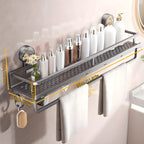 Suction Cup Shower Caddy Space Aluminum – Wall-Mounted Bathroom Shelf Organizer with Towel Holder, Rustproof Floating Shelf for Shampoo & Soap