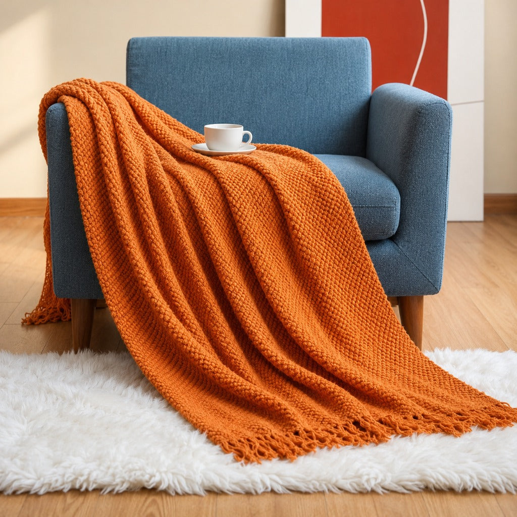 Acrylic Tassel Popcorn Texture Throw Blanket Soft Cozy for Sofa Bed Gift 8 Colors