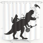 Funny Cat Dinosaur Shower Curtain - Cat Helps T-Rex Bathe Humorous Black White Bathroom Decor, Waterproof Polyester 71x71 Inch with 12 Hooks, Boys Kids Dino Novelty Curtain