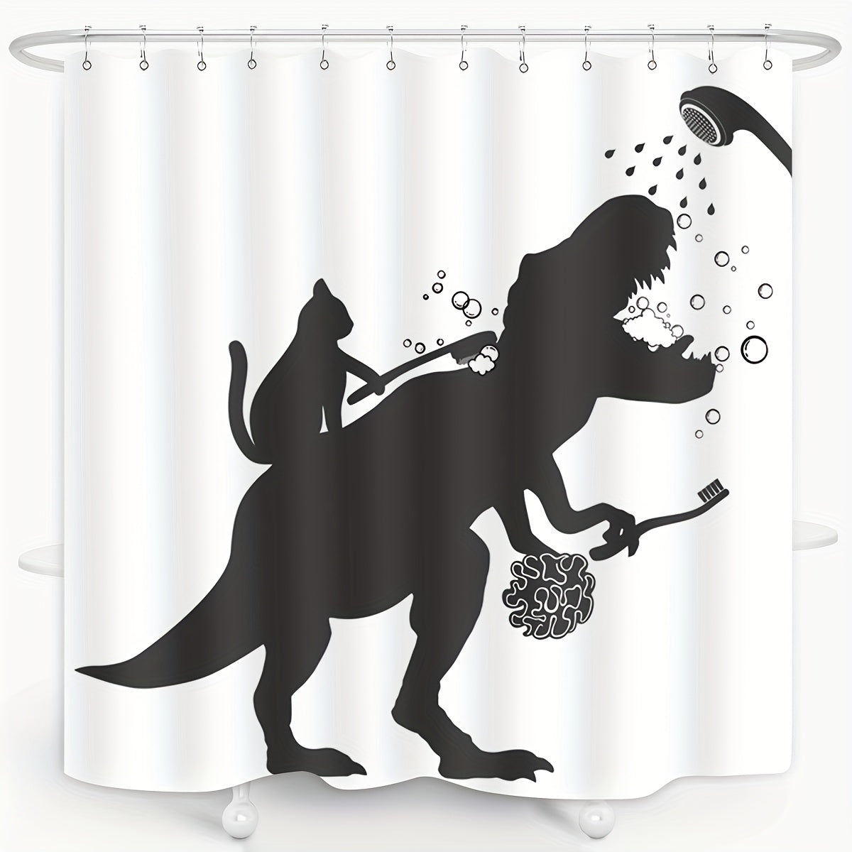Funny Cat Dinosaur Shower Curtain - Cat Helps T-Rex Bathe Humorous Black White Bathroom Decor, Waterproof Polyester 71x71 Inch with 12 Hooks, Boys Kids Dino Novelty Curtain