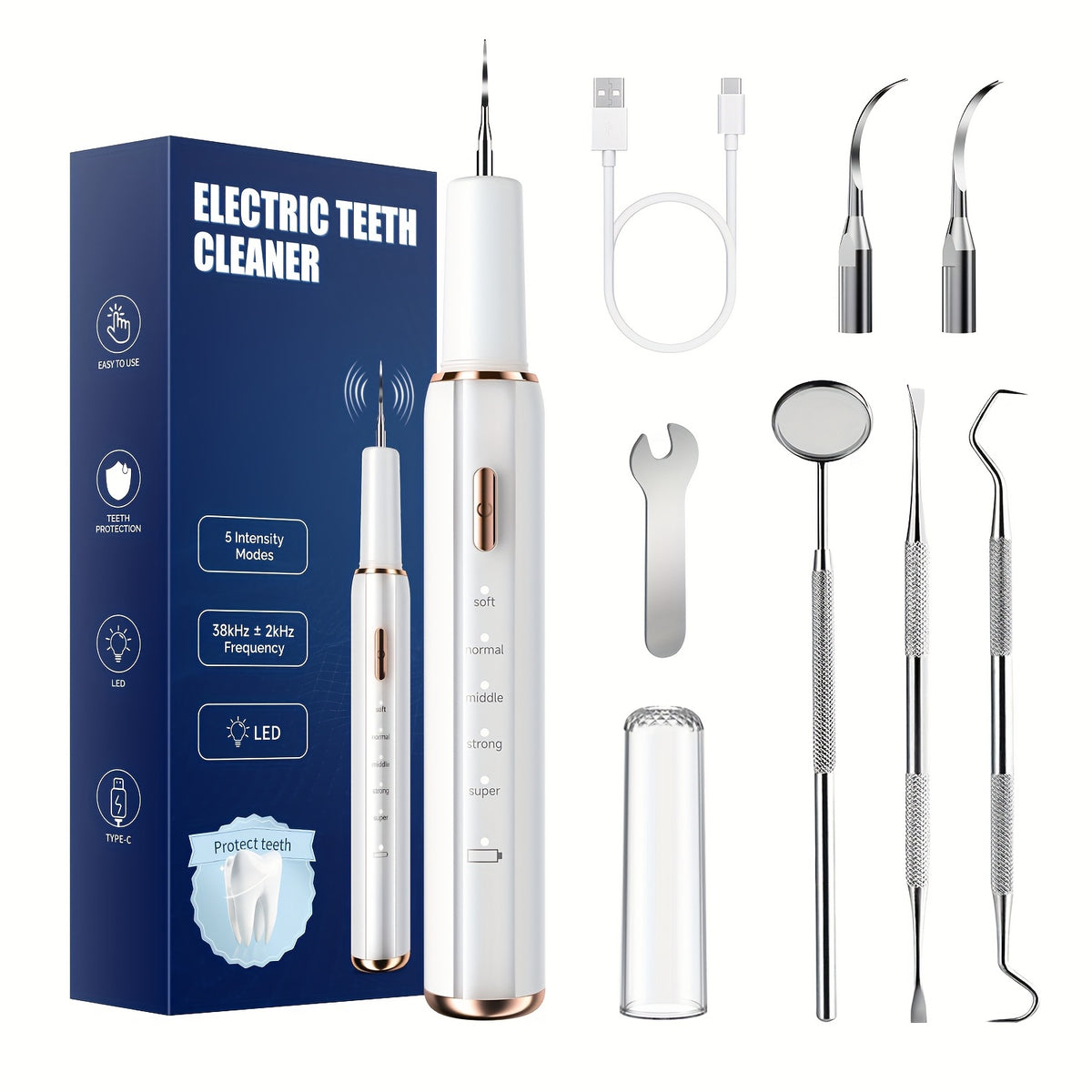 Rechargeable Electric Tooth Cleaner – 5-Speed Dental Plaque Remover with LED Light, USB Charging, Mirror & 2 Replaceable Brush Heads, Teeth Gap Cleaning Tool