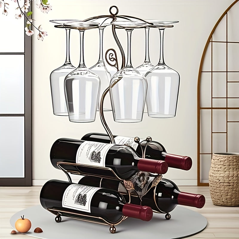 Countertop Wine Rack with Wine Glass Holder Holds 4 Bottles and 6 Glasses Iron Retro Bar Organizer for Kitchen Home Bar Pantry Dining Room