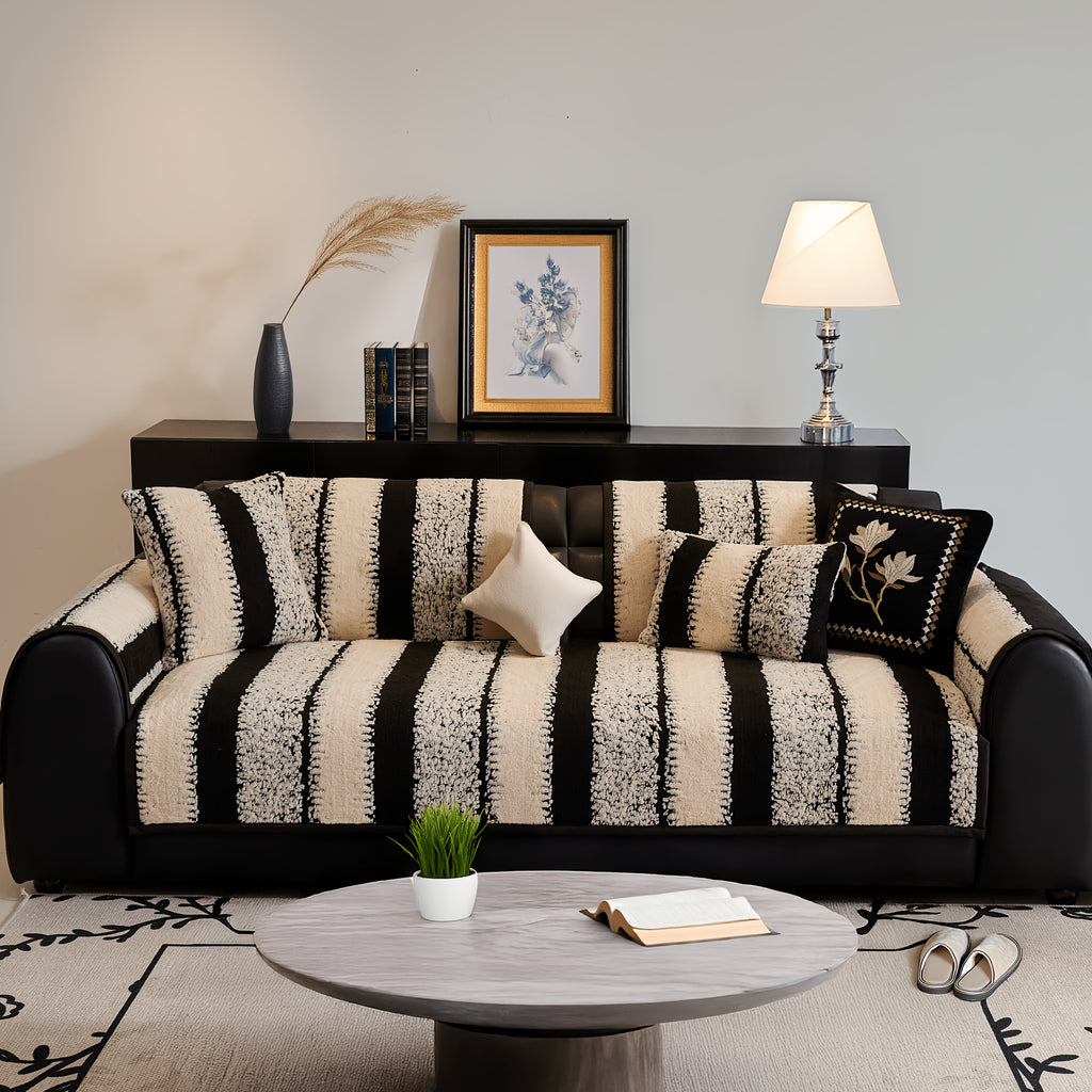Non-Slip Sofa Slipcover, Striped Couch Cover for 2/3/4 Seater with Silicon Rubber Backing, Pet-Friendly Machine Washable Furniture Protector, All-Season Soft Sofa Cover, Sold by Piece