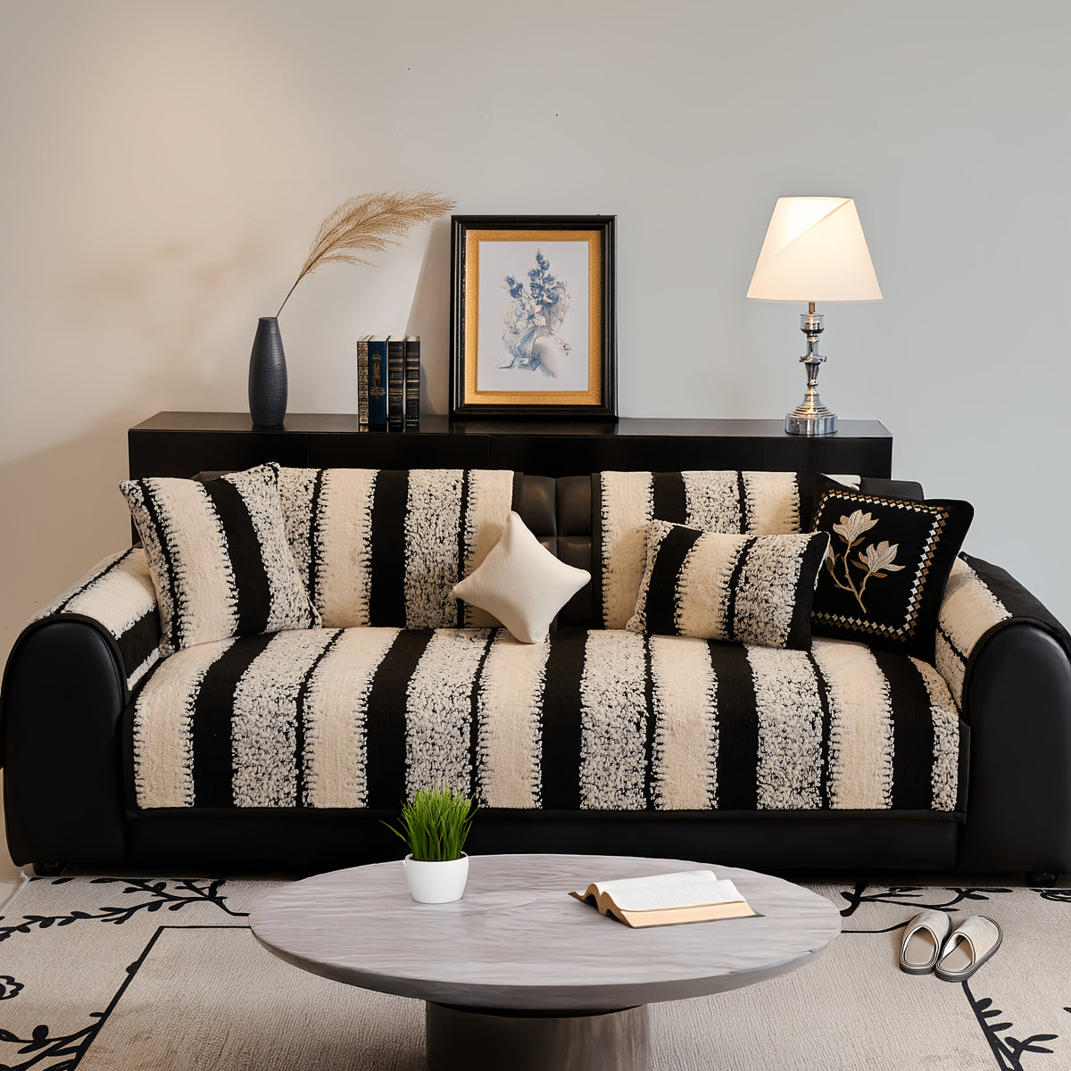 Non-Slip Sofa Slipcover, Striped Couch Cover for 2/3/4 Seater with Silicon Rubber Backing, Pet-Friendly Machine Washable Furniture Protector, All-Season Soft Sofa Cover, Sold by Piece