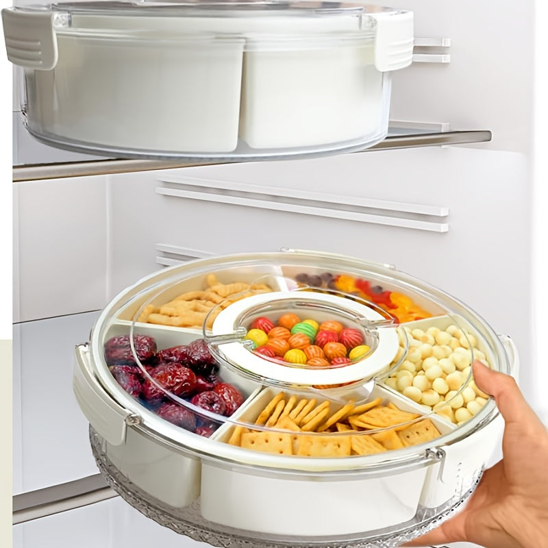 6 Grid Rotating Serving Tray with Lid and Handle 360 Rotatable Snack Organizer Box Portable for Camping Party Picnic RV Fridge Travel