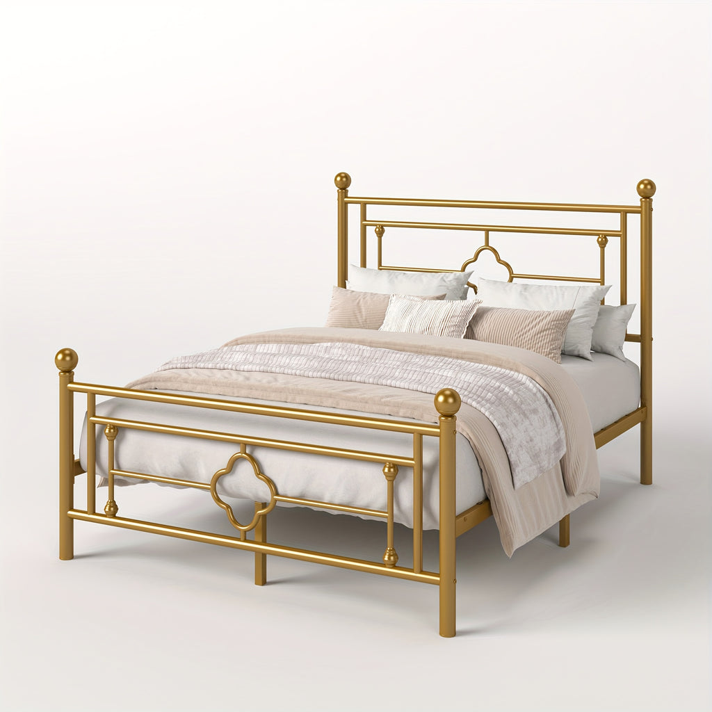 Metal Platform Bed Frame with Vintage Iron Art Headboard Footboard No Box Spring Needed Under Bed Storage Twin Full Queen King Black White Pink Gold