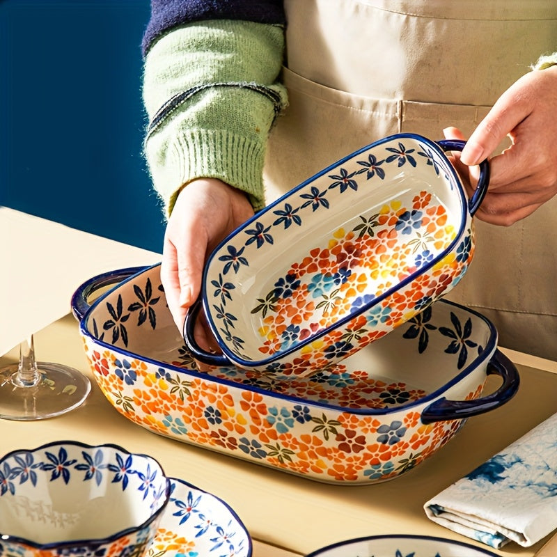 Bohemian Ceramic Baking Dishes Set of 2 - Large Rectangular Oven-Safe Casserole & Pie Pan, Porcelain Roaster Set for Baking & Cooking, Elegant Kitchen Gift, Red Blue Yellow White