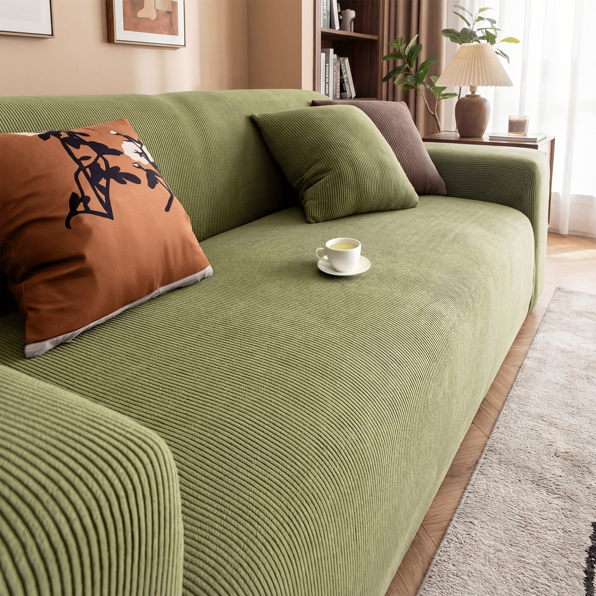 Chenille Sofa Cover Textured Stripe Elastic Full Cover Non-Slip Washable Scratch-Resistant Couch Slipcover for 1 2 3 4 Seater Living Room Office Green Gray Coffee Beige