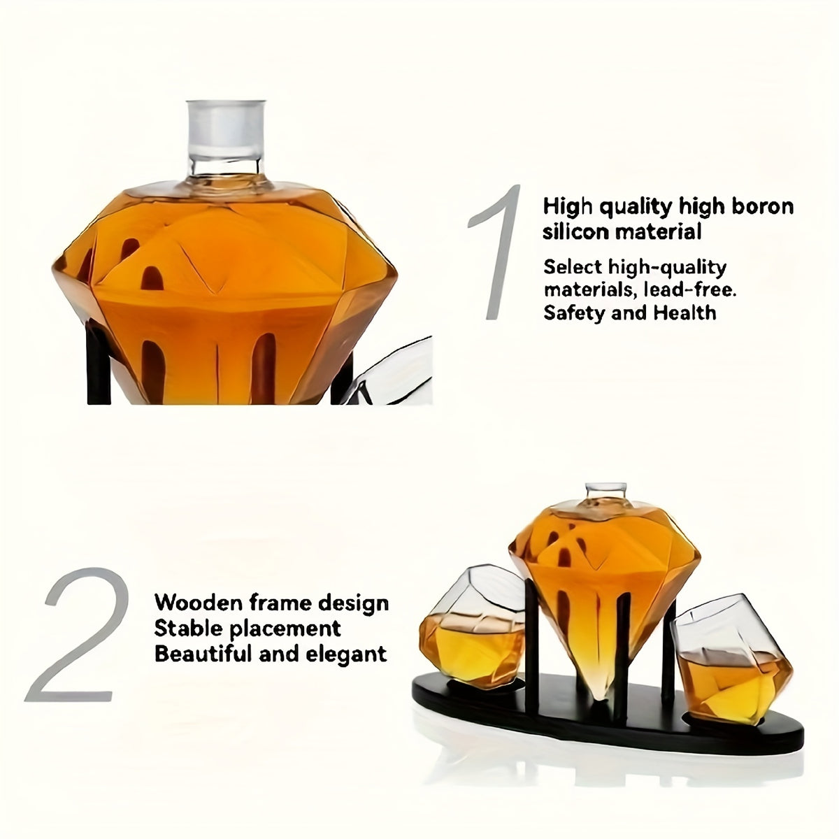 Diamond-Cut Whiskey Decanter Set with 2 Glasses & Wooden Rack – Creative Brick & Stone Pattern Liquor Holder for Bourbon, Scotch, Rum & Vodka | Unique Gift for Men