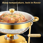 Stainless Steel Chafing Dish Buffet Set 5QT Round - Premium Food Warmer Server with Dome Lid for Parties, Banquets, Weddings & Catering, Available in 1, 2 & 4 Pack Golden Finish