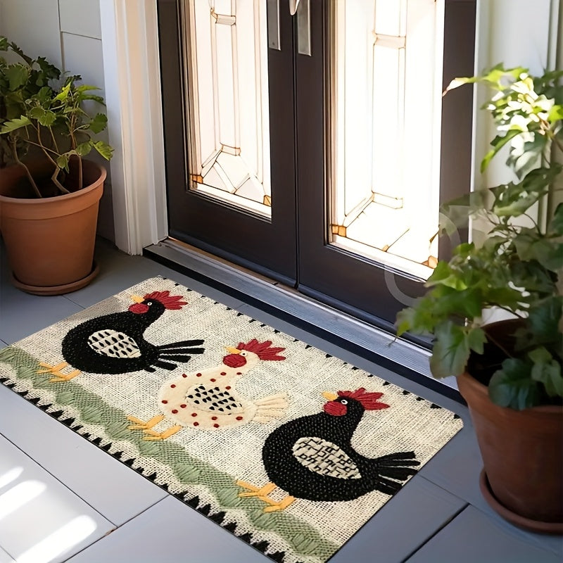 Welcome Door Mat - Embroidered Rooster Design Non-Woven Indoor Outdoor Floor Mat for Entrance Bathroom Kitchen Porch and Study