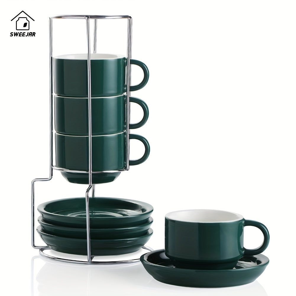 Porcelain Espresso Cups with Saucers 4oz – Set of 4 Stackable Cappuccino Cups with Metal Display Stand for Coffee, Latte & Tea
