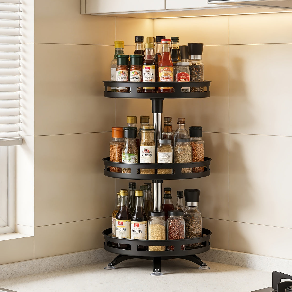 3-Tier Rotating Spice Rack – Metal Turntable Countertop Spice Jar Organizer for Kitchen, Seasoning Storage Rack, Sleek Black Finish