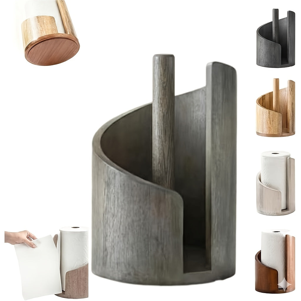 Paper Towel Holder Countertop - Mountain Design with Mango Wood Round Base & Iron Stand, No Tools Required, Kitchen Counter Organizer in Black, Gray, White, Blue & Natural
