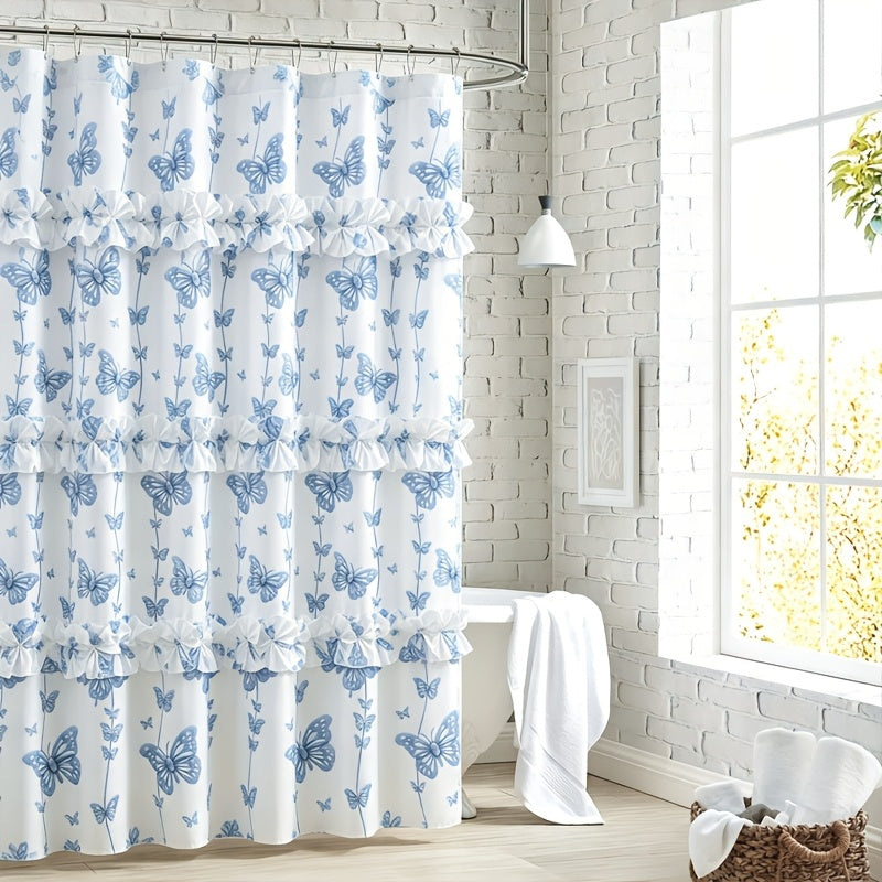 Bow Tie Ruffle Shower Curtain Vintage Handcrafted - Waterfall Ruched Fabric Bath Curtain with Hooks, Quick Dry Machine Washable, Farmhouse Romantic Decor, Multiple Sizes & Colors
