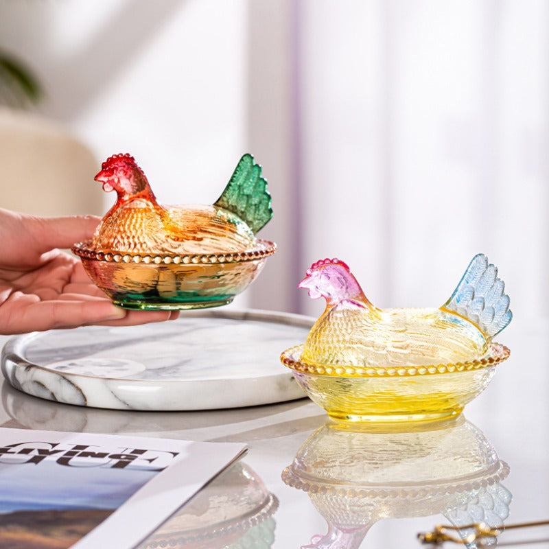 Chicken-Shaped Glass Storage Jar with Lid - Decorative Pearl Hen Glass Candy Jar for Desktop Snack Storage and Home Decor - Unique Kitchen Accent and Housewarming Gift