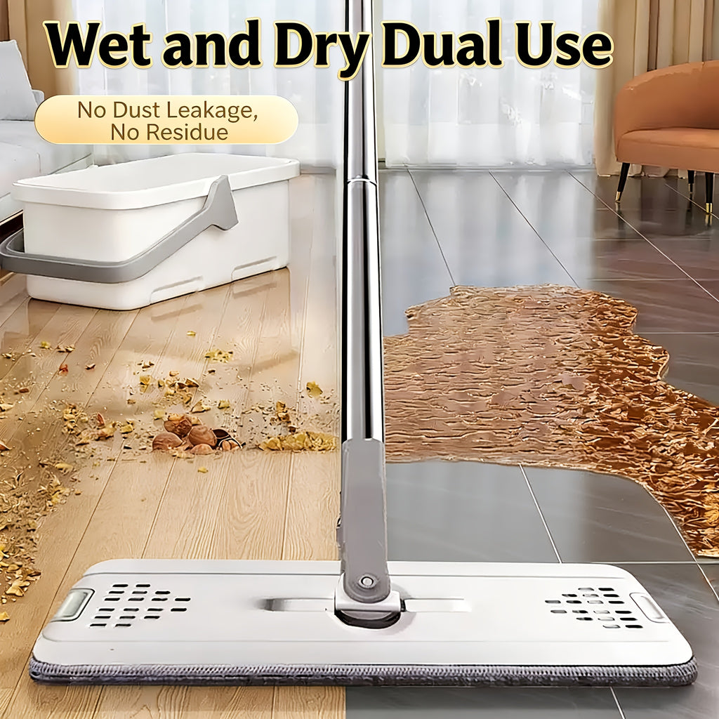 Hands-Free Flat Mop with Bucket 8-Piece Set Including 6 Microfiber Pads and Gloves, 360 Rotating Dry Wet Floor Mop for Bedroom Kitchen Bathroom, Household Cleaning Mop with Bucket Scraper and Wringer