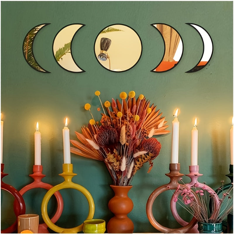 Moon Phase Mirror Set of 5 - Boho Scandinavian Acrylic Wall Mirrors for Living Room, Bedroom and Apartment - Decorative Bohemian Moon Wall Decor for Modern and Minimalist Home
