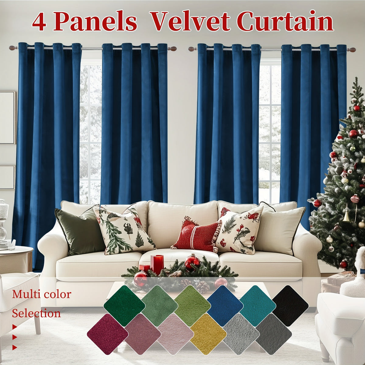 Blackout Velvet Curtains 4 Panels - Thermal Insulated Grommet Drapes, Noise Reducing Soft Window Curtains for Living Room Bedroom, Multiple Sizes & Colors