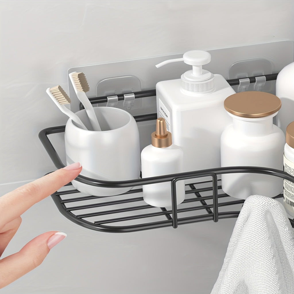 Wall-Mounted Corner Bathroom Storage Rack Set 7-Piece No-Drill Triangular Shelf with 5 Transparent Hooks, Space-Saving Bathroom Organizer for Shower, Toilet & Kitchen – White & Black