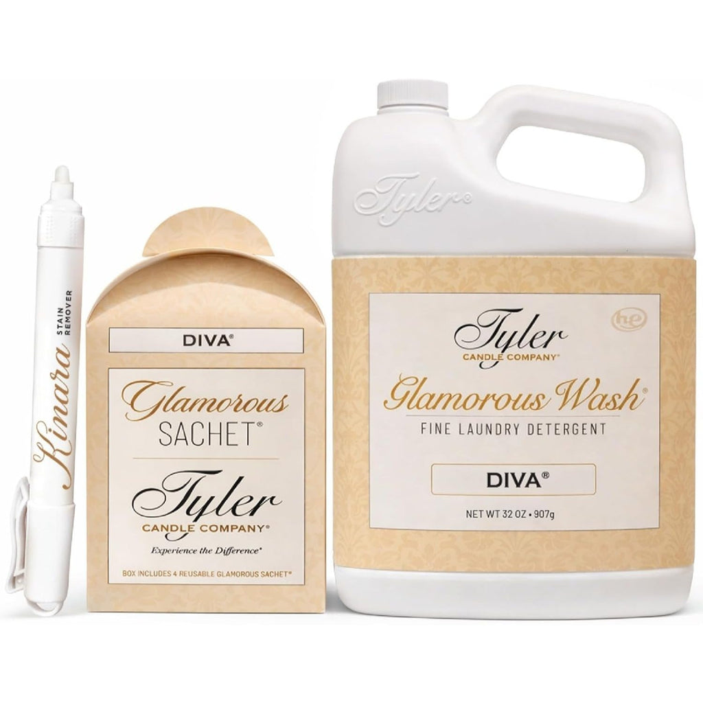Luxury Scented Laundry Detergent Set, Diva Fragrance Fine Liquid Wash 32oz with Dryer Sachets & Stain Remover Pen, Hand & Machine Safe for Delicates Linens Clothing
