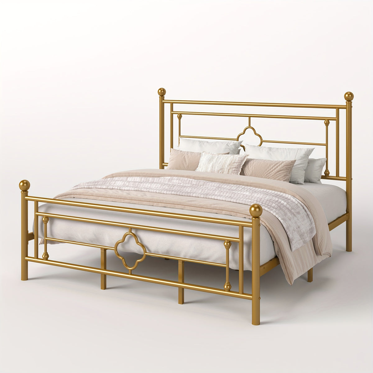 Metal Platform Bed Frame with Vintage Iron Art Headboard Footboard No Box Spring Needed Under Bed Storage Twin Full Queen King Black White Pink Gold