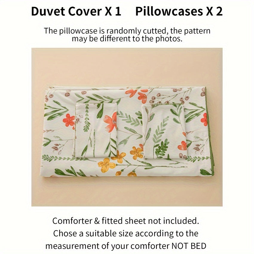Floral Duvet Cover Set 3-Piece Soft Breathable Polyester – Flowers & Plants Print Comforter Cover with Zip Closure, Twin Full Queen King Bedding Set No Insert