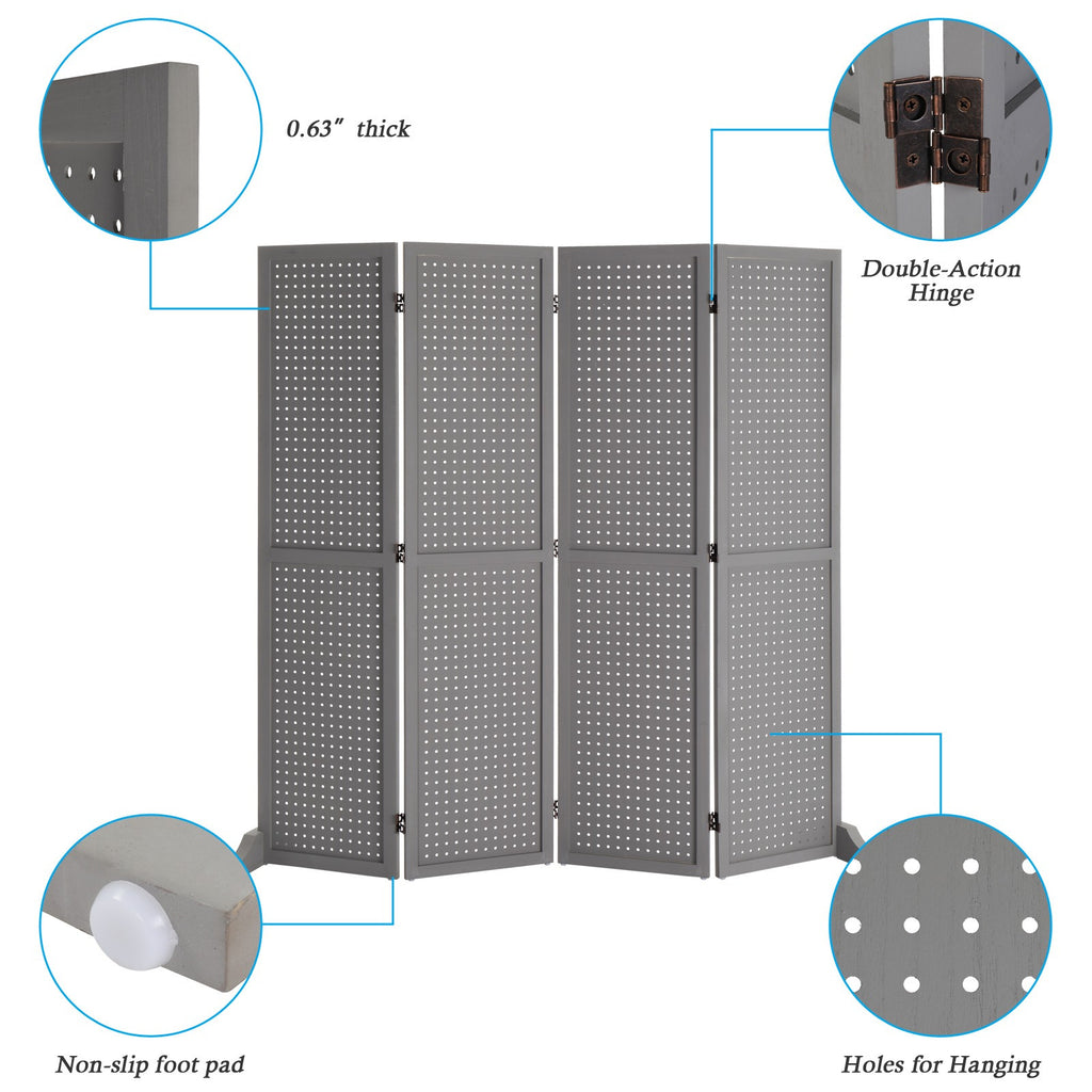 5 FT Freestanding Pegboard Room Divider | Wood Folding Privacy Screen & Display Board Organizer with Support Feet – White, Black, Natural, Grey | Craft Shows, Retail & Home