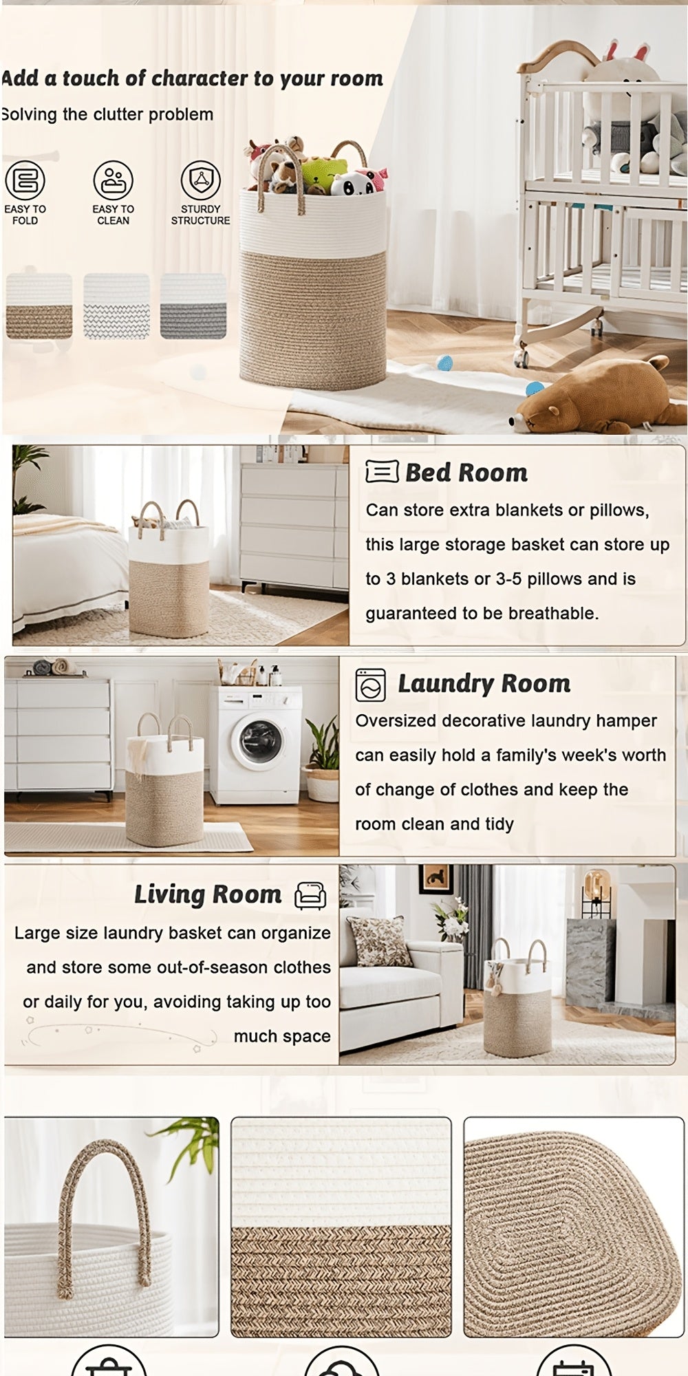 Woven Cotton Rope Laundry Basket Jumbo Size 10.57–26.42 Gal, Multifunctional Storage Bin for Dirty Clothes Blankets Toys – Bathroom Living Room Bedroom Hamper, Bohemian Home Decor Laundry Organizer