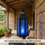 Moroccan Candle Lantern Holder Medium 10.5 Inch – Handcrafted Glass Iron Metal Lantern with Embossed Floral Panels, 17 Colors, Indoor Outdoor Use for Ramadan, Wedding, Patio, Diwali & Home Decor