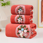 Embroidered Flower Towel Set 3 Piece – Soft Absorbent Bath Towel & 2 Face Towels – Skin-Friendly Polyester Blend, Home & Beach Use, White, Blue, Pink, Gray