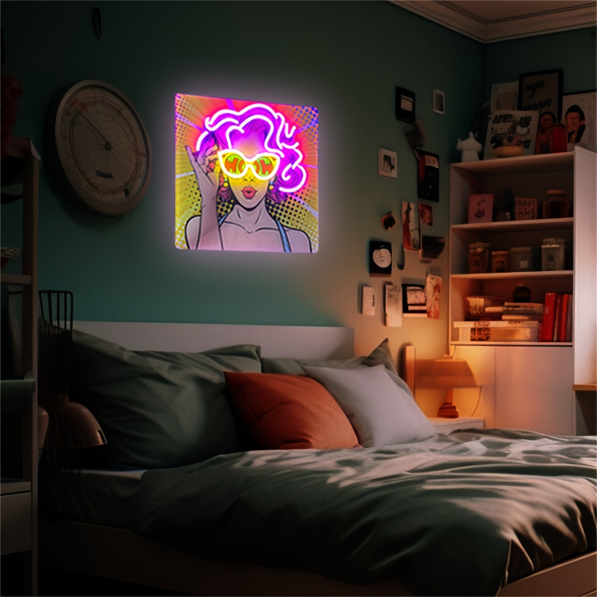 WOW Neon Sign Wall Decor with Curly Hair Girl – USB Powered UV Printed Neon Light for Bedroom, Bar & Party Decor, Single Color