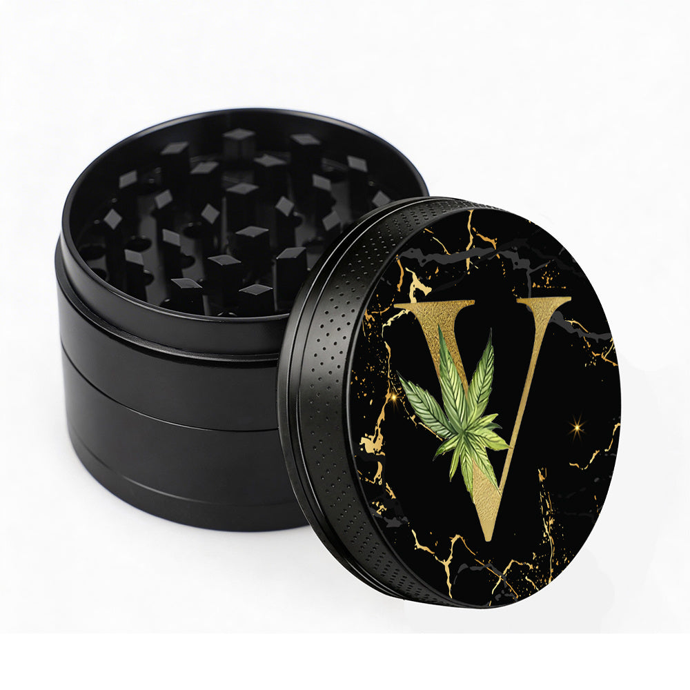 Manual Spice & Herb Grinder with Pollen Catcher - Personalized A-Z Initial Letter Metal Crusher, Portable 2 Inch Golden Marble Alphabet Design, Gift for Smokers & Herb Lovers (Black)