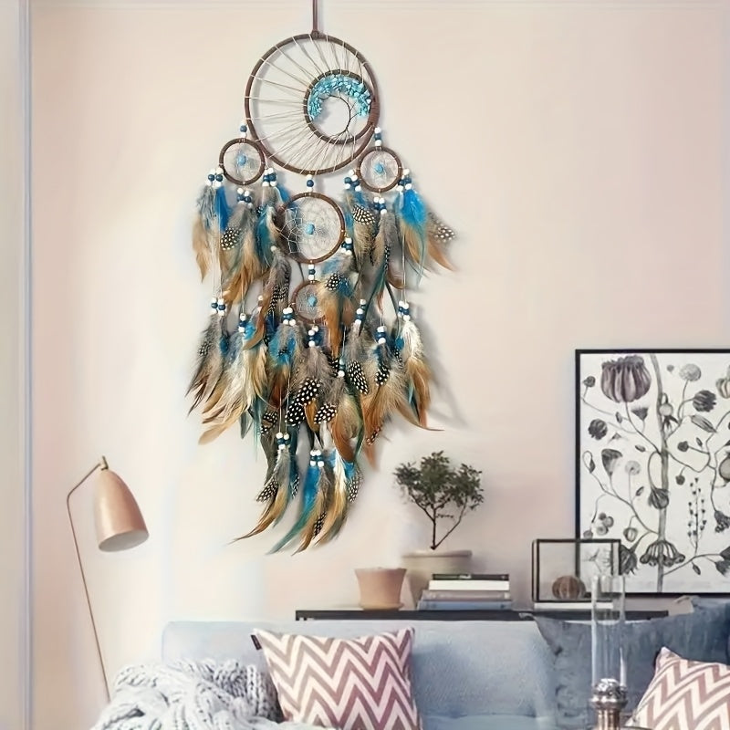 Handmade Feather Dreamcatcher Wall Hanging – Tree of Life Bohemian Wall Decor with Blue Green Brown Plumes, Boho Dream Catcher for Bedroom Living Room Nursery, Spiritual Home Decor Gift
