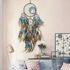 Handmade Feather Dreamcatcher Wall Hanging – Tree of Life Bohemian Wall Decor with Blue Green Brown Plumes, Boho Dream Catcher for Bedroom Living Room Nursery, Spiritual Home Decor Gift