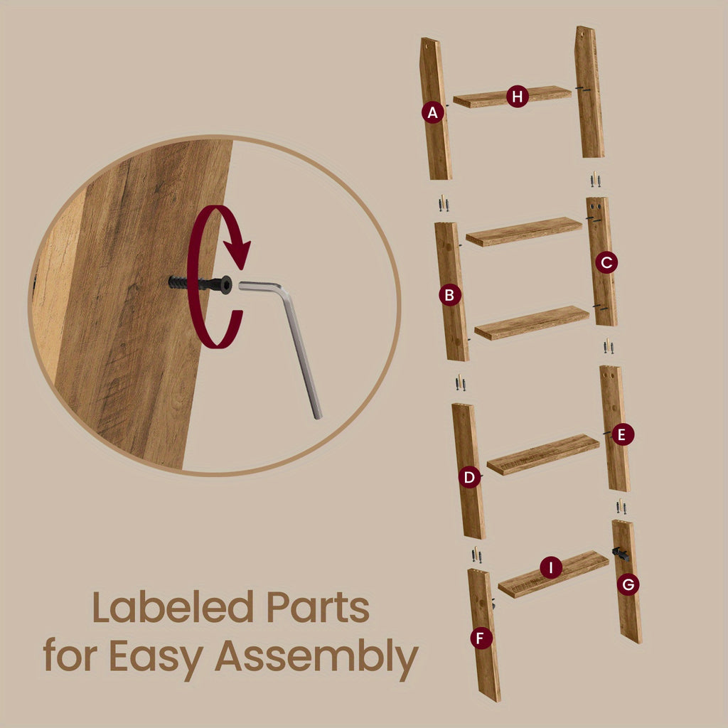 Blanket Ladder 5 Tier Farmhouse Decorative, Wood Ladder Rack for Blankets Towels & Quilts, 2-in-1 Ladder Shelf for Living Room Bedroom Bathroom Storage & Decor, Maroon Brown, Holds 17.6 lbs