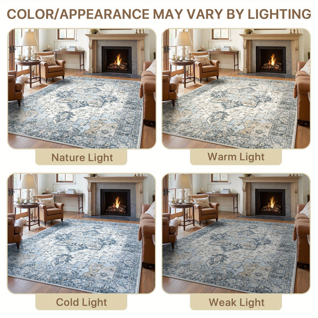 Vintage Retro Area Rug – Machine Washable Non-Slip Low Pile Chenille Print Carpet for Living Room, Bedroom, Dining Room & Home Office, Blue, Multiple Sizes