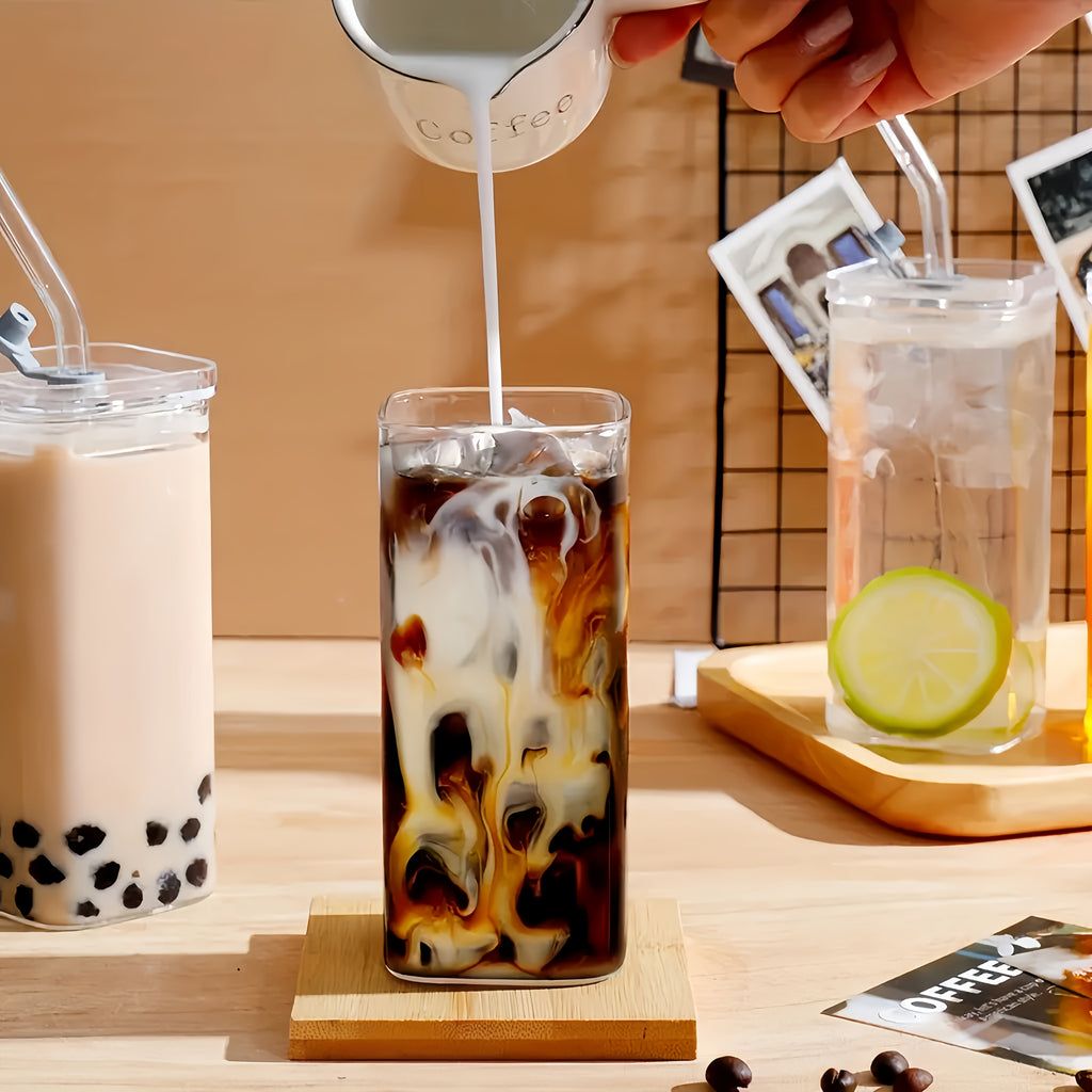 Square Glass Cups with Lids and Straws Set of 6 | Portable Iced Coffee Cups for Office Party Home School Outdoor