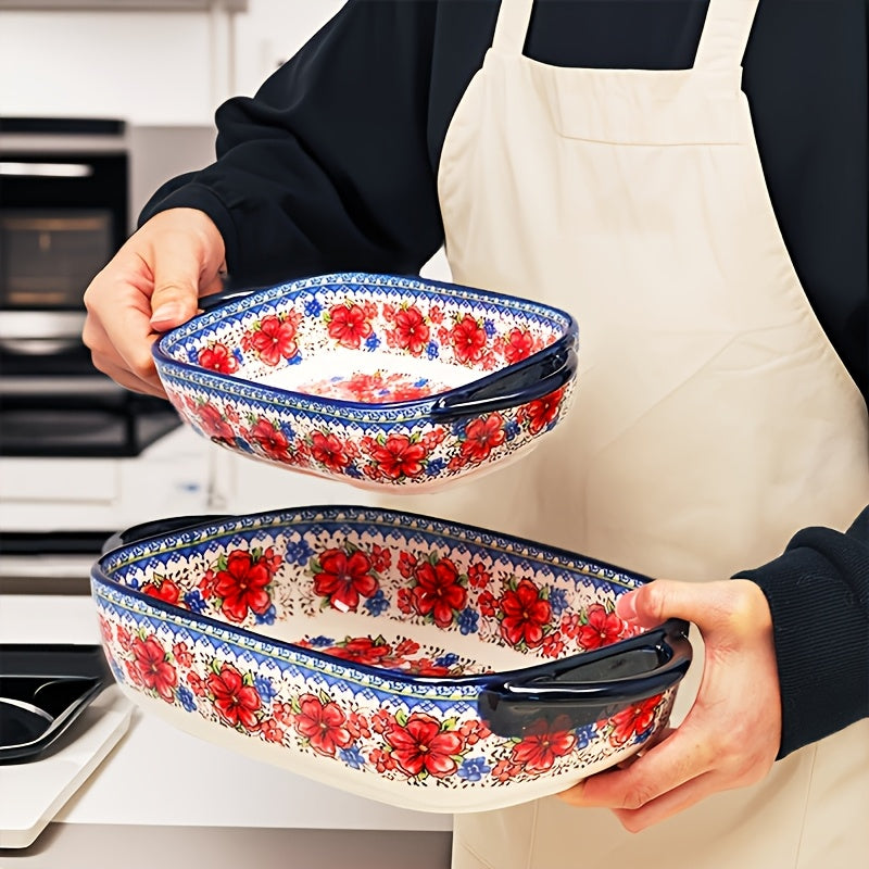 Bohemian Ceramic Baking Dishes Set of 2 - Large Rectangular Oven-Safe Casserole & Pie Pan, Porcelain Roaster Set for Baking & Cooking, Elegant Kitchen Gift, Red Blue Yellow White