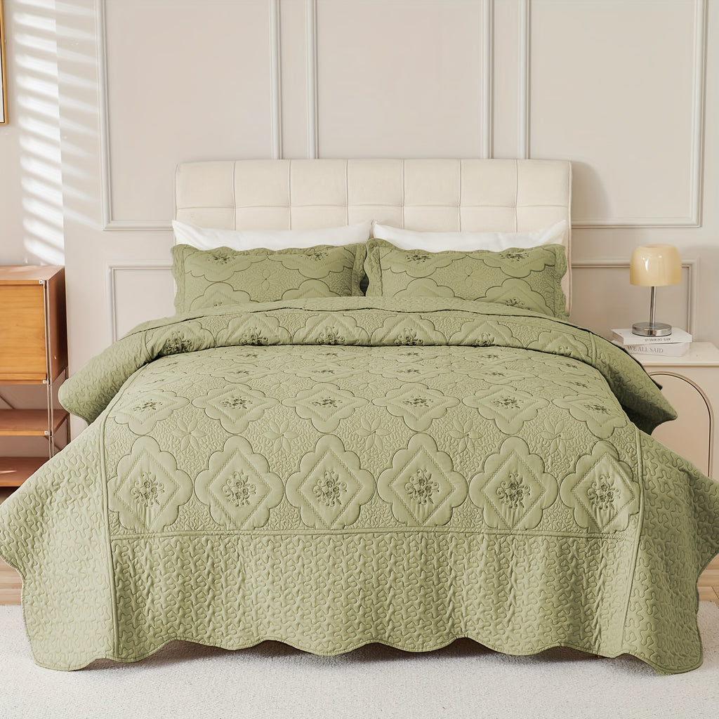 Quilted Embroidered Bedspread Set 3 Pcs – Floral Embroidery, 100% Polyester, Wrinkle-Resistant Lightweight Coverlet for Queen & King Bedroom Decor, 16 Colors