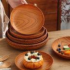 10-Piece Wood Grain Plastic Dinner Plates Round Striped Pattern Luxury Feel for Home Restaurant Dessert Shop Snack Fruit Tea Tray