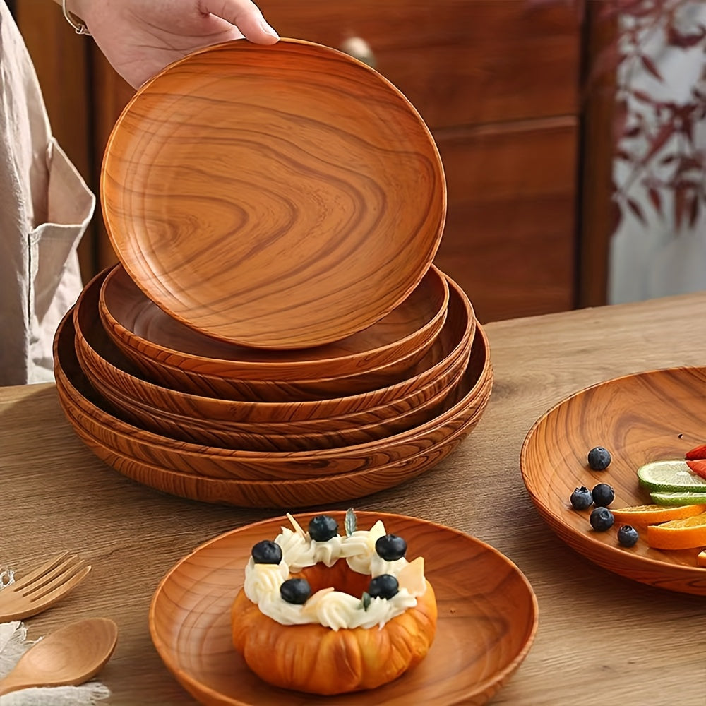 10-Piece Wood Grain Plastic Dinner Plates Round Striped Pattern Luxury Feel for Home Restaurant Dessert Shop Snack Fruit Tea Tray