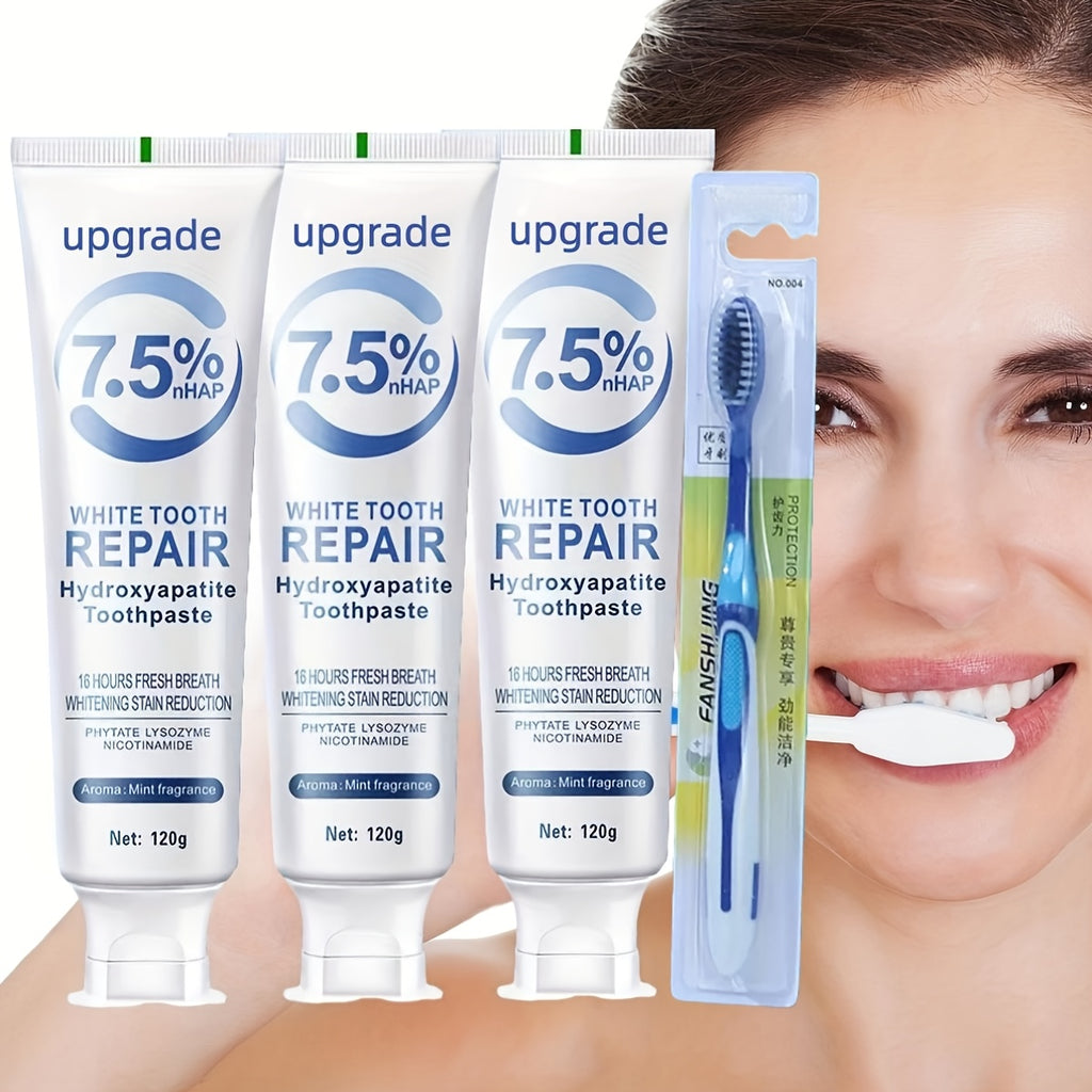 Hydroxyapatite Toothpaste 3 Pack 7.5% Nano Formula with Toothbrush Whitens Teeth Freshens Breath Travel Home Oral Care - Gift for Women