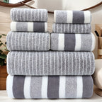 8-Piece Hotel-Quality Striped Bath Towel Set – Lint-Free Super Absorbent Two-Color Towels | 2 Large Bath Towels, 2 Medium Bath Towels & 4 Washcloths