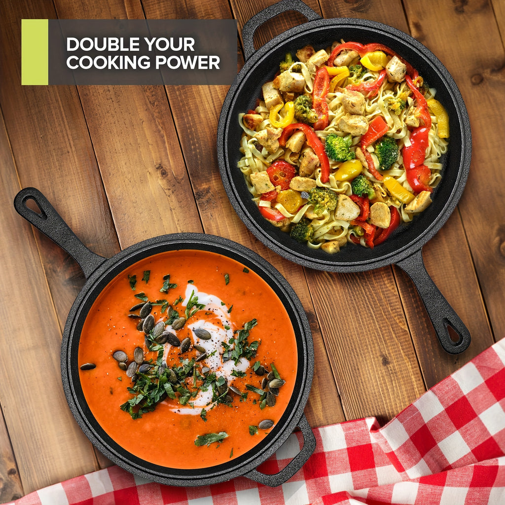 Pre-Seasoned Cast Iron Dutch Oven & Frying Pan Set – 2-in-1 Deep Pan + Skillet for Baking, BBQ, Stovetop & Induction | Indoor & Outdoor Cookware