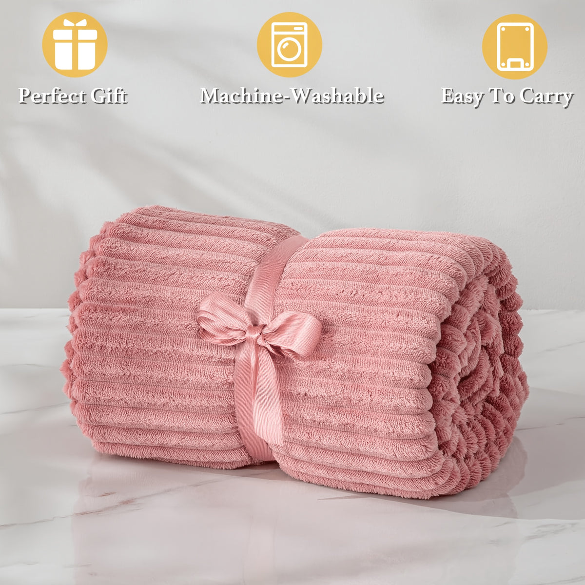 Faux Rabbit Fur Throw Blanket Ultra Soft Fluffy Striped Plush Blanket for Couch Bed Sofa Luxury Warm Winter Blanket Pink Light Brown