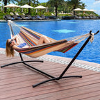 Heavy-Duty Double Hammock with Steel Stand – 450 lbs Capacity, 100% Linen Canvas, Carry Case & Head Pillow Included, No Assembly, Portable for Patio, Backyard, Camping & Balcony | 4 Colors