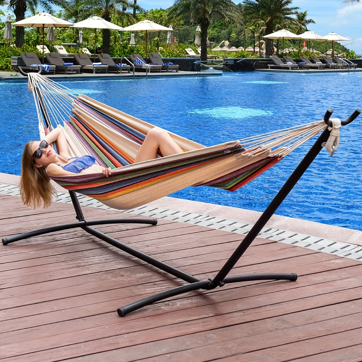 Heavy-Duty Double Hammock with Steel Stand – 450 lbs Capacity, 100% Linen Canvas, Carry Case & Head Pillow Included, No Assembly, Portable for Patio, Backyard, Camping & Balcony | 4 Colors