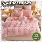 Plush Faux Fur Duvet Cover Set for Kids & Teens, 3/4 Pcs with Pillowcases & Heart Pillow, Super Soft Warm Faux Fur Comforter Cover, Machine Washable Lodge Style Bedding, Twin Queen King
